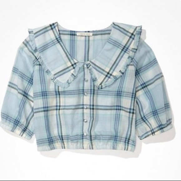 American Eagle blue plaid button up cotton top with exaggerated Peter Pan collar - Picture 1 of 7